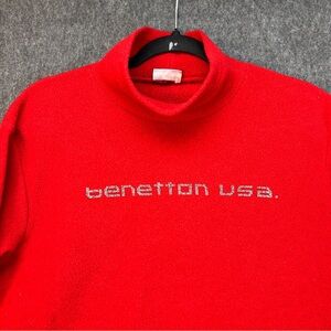 Benetton USA Sweater Womens Medium Red Fleece Turtleneck Logo Pullover Pockets